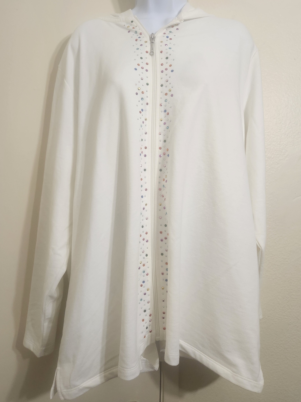 Quacker Factory White Hooded Zip-Up with Multicolor Rhinestone Trim
